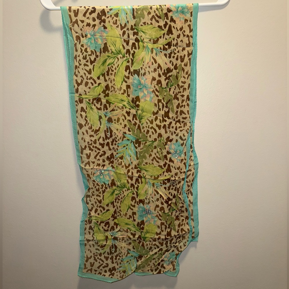 Charter Club 100% Silk Leopard Print Scarf with Aqua and Lime Floral Accents
